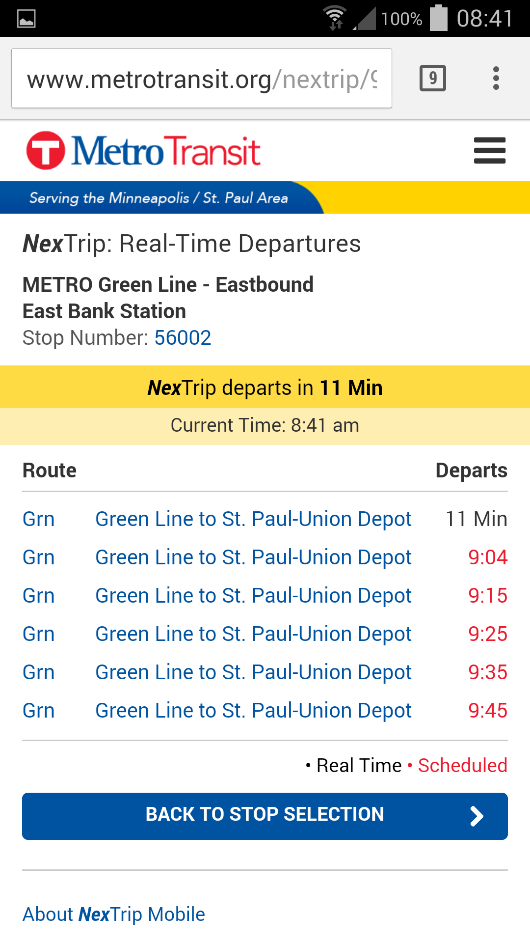 NexTrip departure time screen