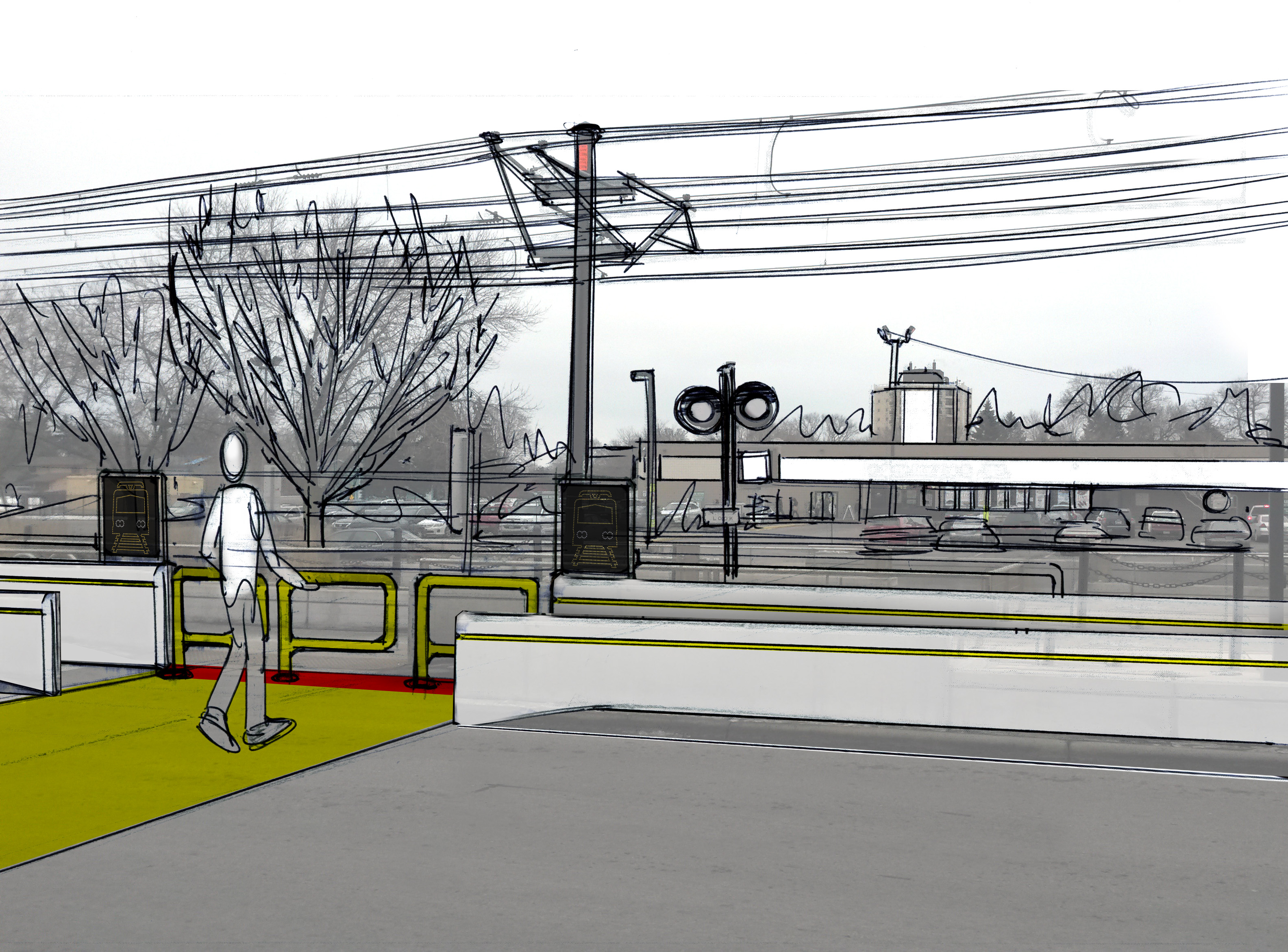 Highlighted recommended routes and swing gates to cross the rail